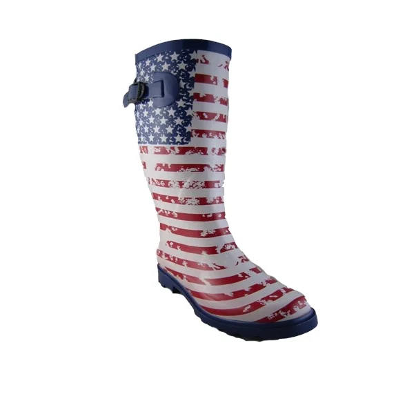 

American flag printed over knee rain boots with buckle