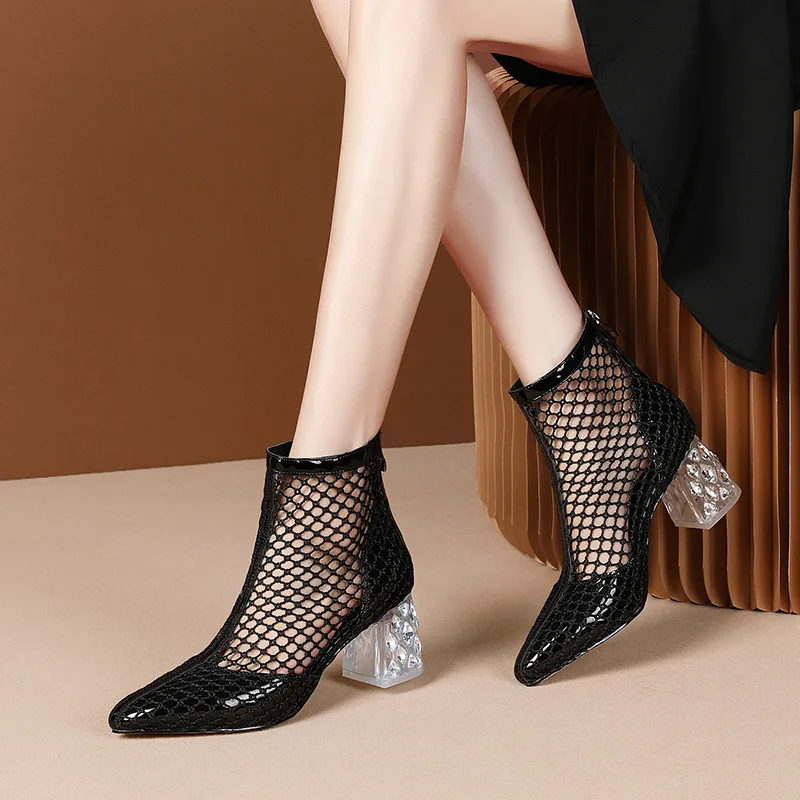 

KMEIOO Thick-heel Hollow Sandals Women 2021 New Thin High-heeled Net Boots Summer Fashion Street heeled Boots