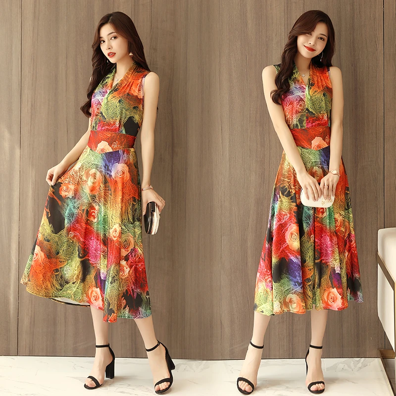 летнее стильное женское платье цветочный узор с V образным воротом без рукавов