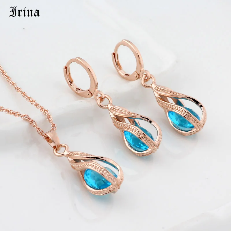 Sea Blue Подарок, трендовые длинные серьги цвета розового золота 585, набор для женщин, свадебные полые Необычные кубические циркониевые ювелирные наборы - Окраска металла: Sea Blue