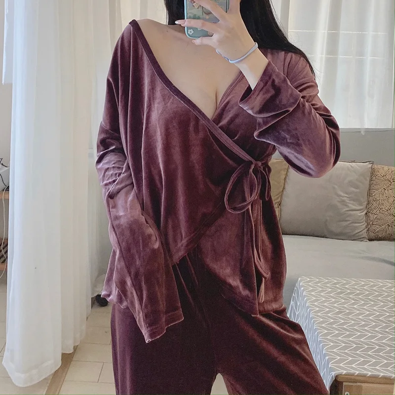 

Plus Size Pink Velvet Pajamas Set Long Sleeve Top Pants Winter Warm Sleepwear Sexy Nighties Pyjama Set Home Suit Wear For Women