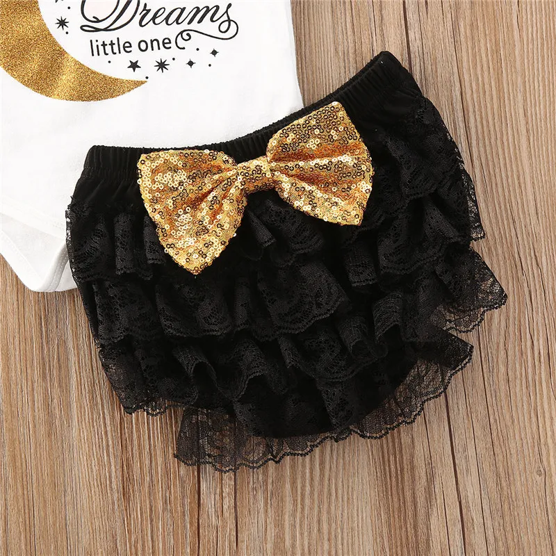 

Brand Infant Baby Girls Cotton Clothes Sets Letter Print Short Sleeve Romper Tops+Lace Ruffles Sequined Bow Shorts Headband 3Pcs