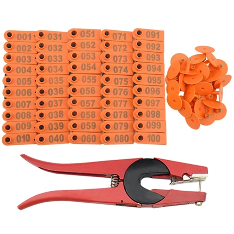 

Hot YO-100 Plastic Cattle Cattle Ear Tag 1-100 Animal Tag and 1 Ear Tag Labeler Set for Livestock Management Marking Orange + Re