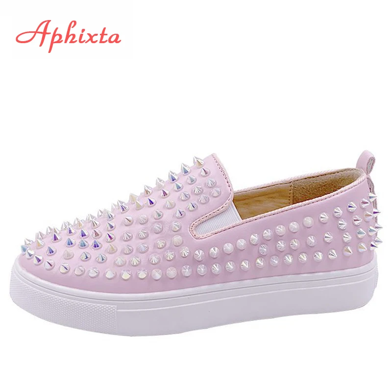 Aphixta Big Size 44 Pink Flats Shoes Women Loafers Leather Revits Couple Platform Shoes Woman Flat With Heels Students Shoe