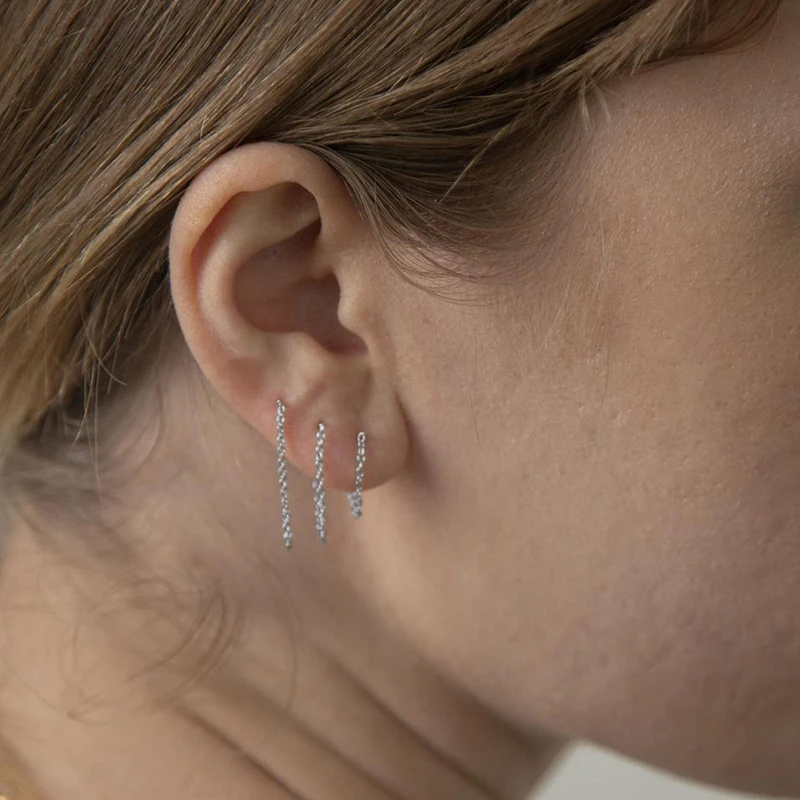 

GS 925 Sterling Silver Slim Chain Tassel Stud Earrings for Women Minimalist Loop Ear Stud Party Fine Jewelry Gift 3PCs/Set