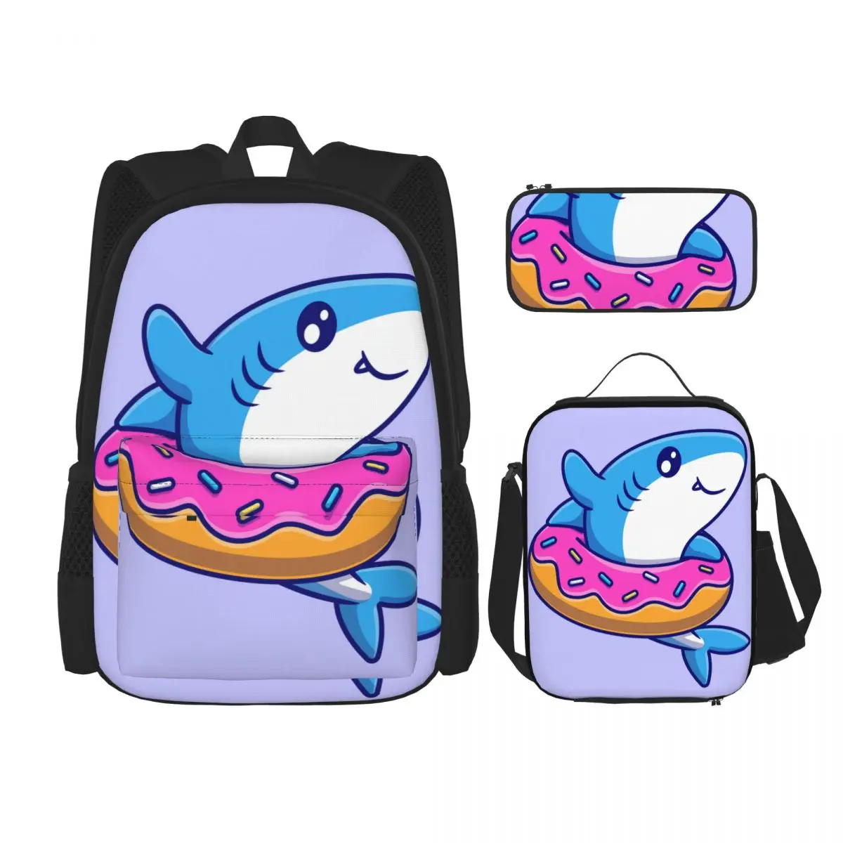 

3 шт./компл. милые рюкзаки в виде акулы с пончиком, ранцы для девушек, студенток, дорожная сумка, повседневный рюкзак