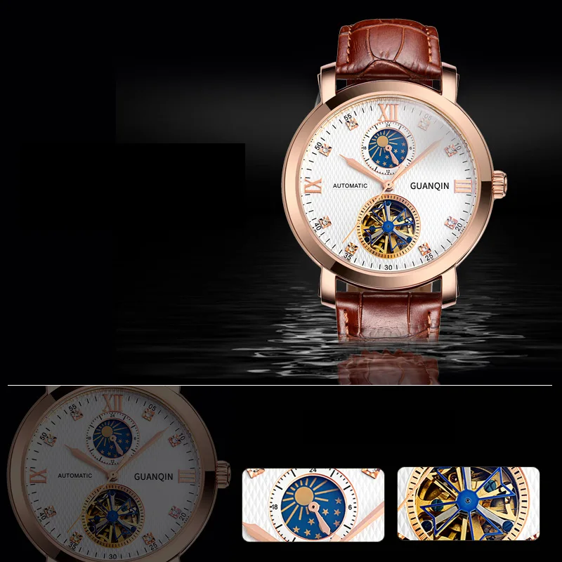 

GUANQIN 2020 Automatic Watches Mens Luminous Clock Waterproof Mechanical Leather Rose White Skeleton Business relogio masculino