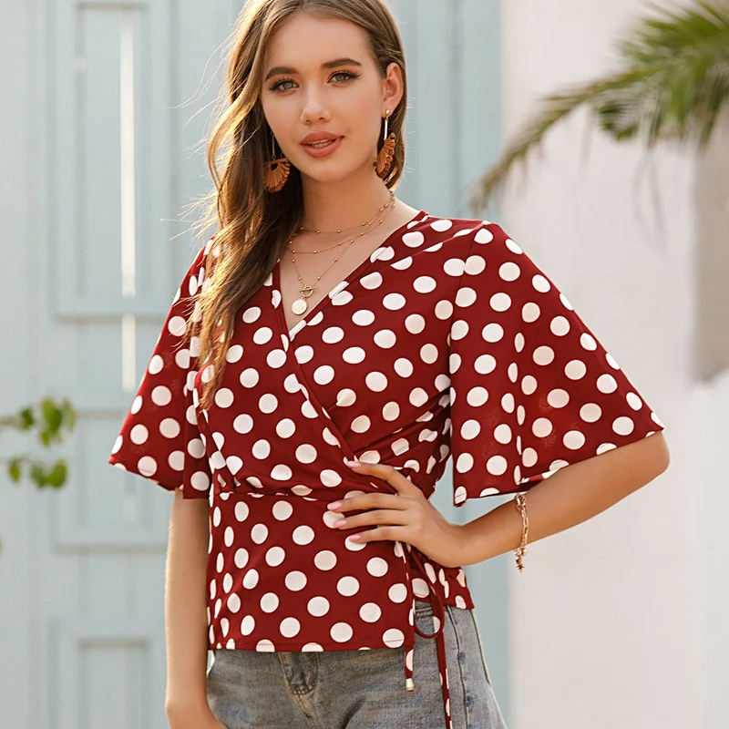 

Women Polka Dot Blouse Tops Summer Shirt Trumpet Sleeve Short Sleeve V-neck Top Female