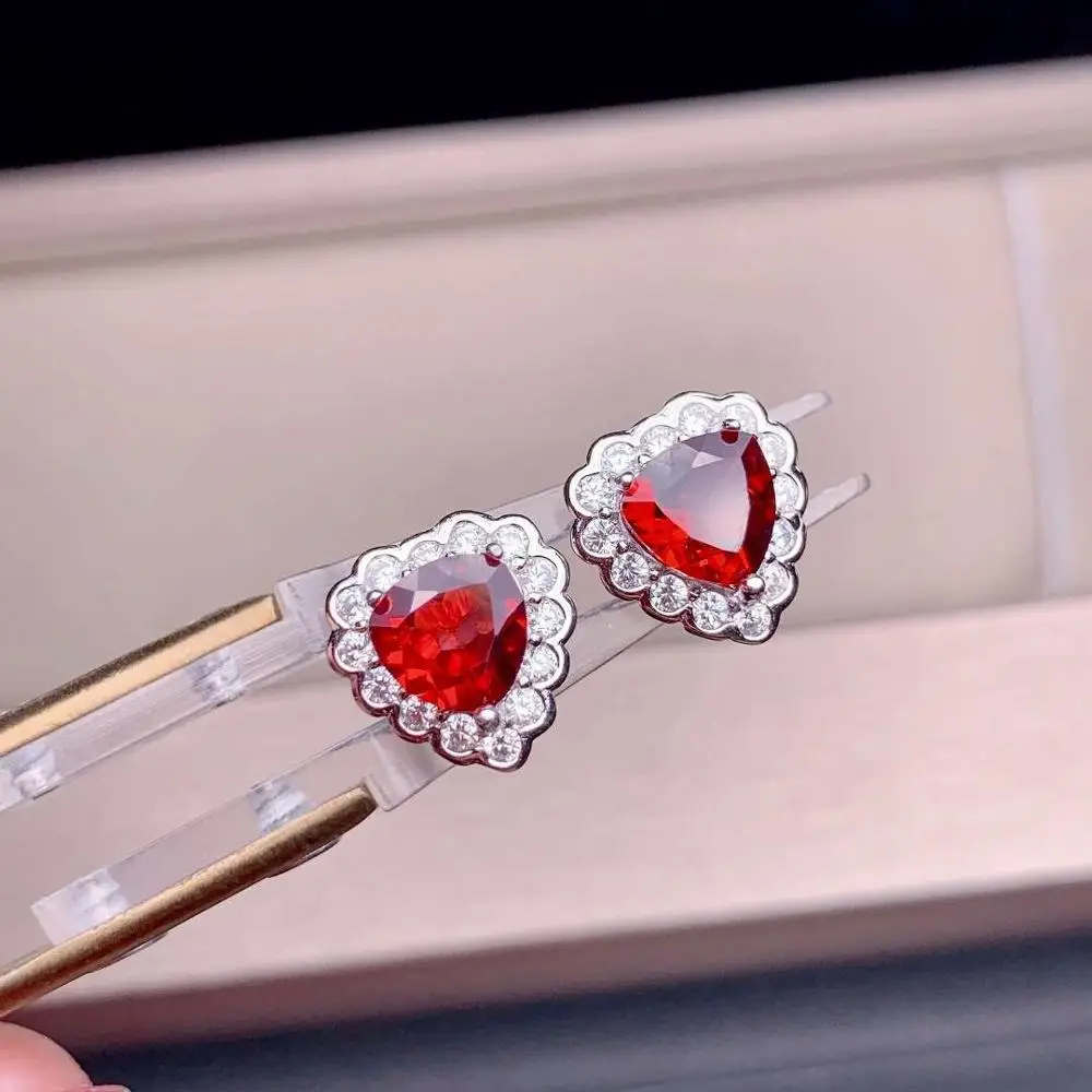 

clear blue topaz/red garnet stud earrings for girl silver jewelry birthday party anniversary gift natural gem heart style