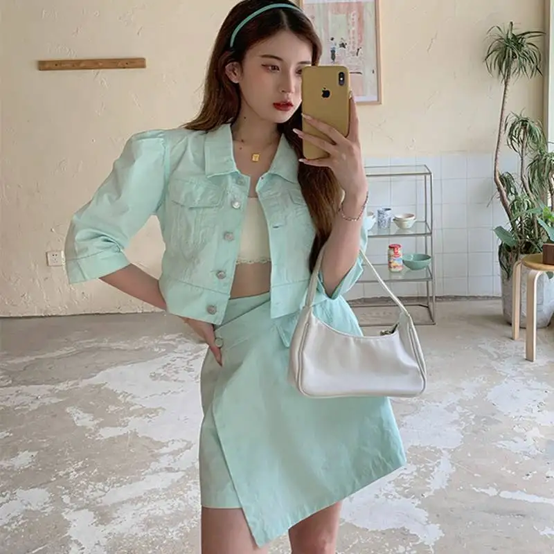 

2021 summer fashion women casual Single-breasted half sleeve jacket tops+ irregular bust skirt suits