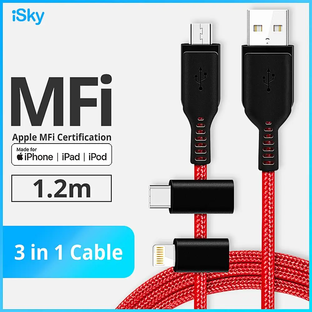 ISky MFi кабель Lead【 3 в 1 usb для iPhone Android USB Type C Lightning быстрая зарядка 2.4A синхронизации