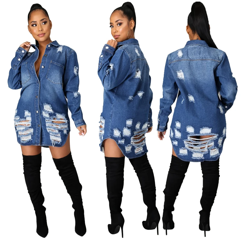 

2021 New Arrival Sexy Hole Vintage Slim Cotton Long Sleeve Jean Jacket for Women Blue Ripped Denim Jacket Casual Loose Coat Ddlg