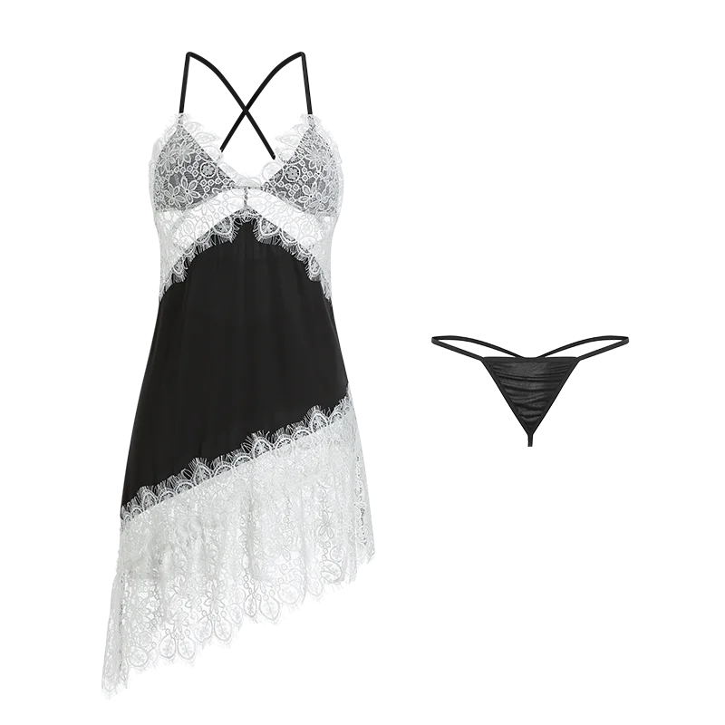 

Sexy deep v satin lace solid color suspender nightdress cross open back home service lingerie porno