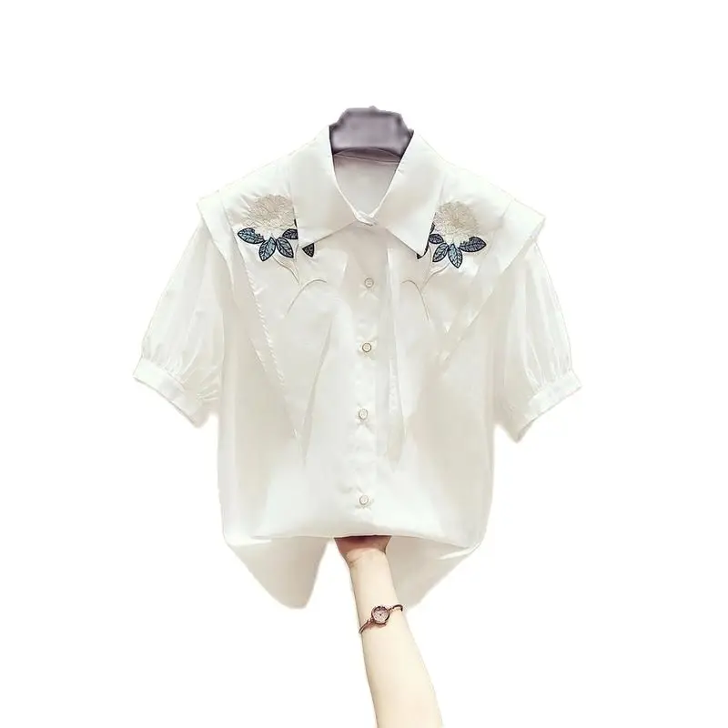 

2021 Summer New Temperament Fashion Embroidered Double Collar Bubble Sleeve White Shirt Women's Casual Short Sleeve Shirt