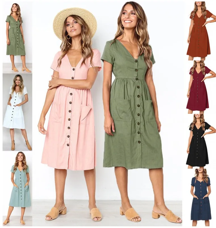 

Женское летнее платье из хлопка и льна, однотонное ТРАПЕЦИЕВИДНОЕ ПЛАТЬЕ С v-образным вырезом, пуговицами и карманами, короткими рукавами и ...