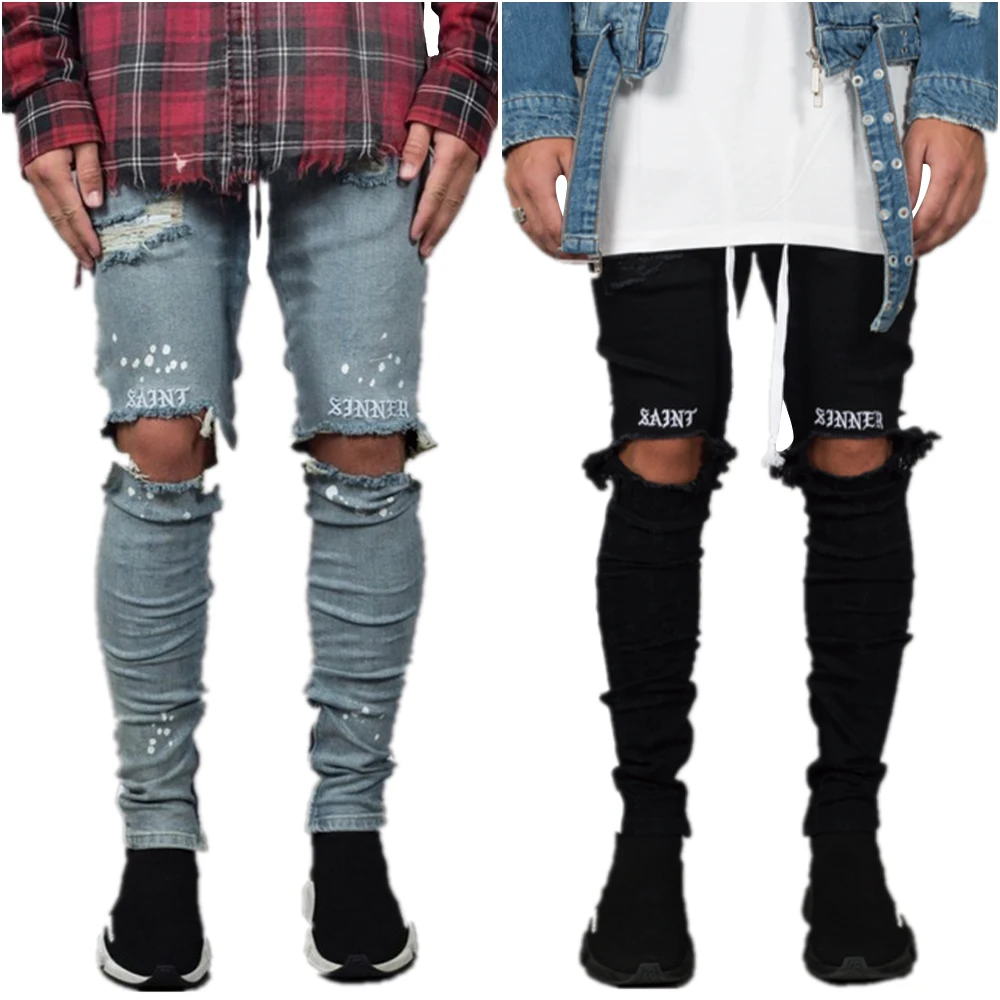 

Men Knee Hole Ripped Jeans Street Style Male Elasticity Slim Frayed Pants Casual Skinny Trousers Fashion Pencil Pants