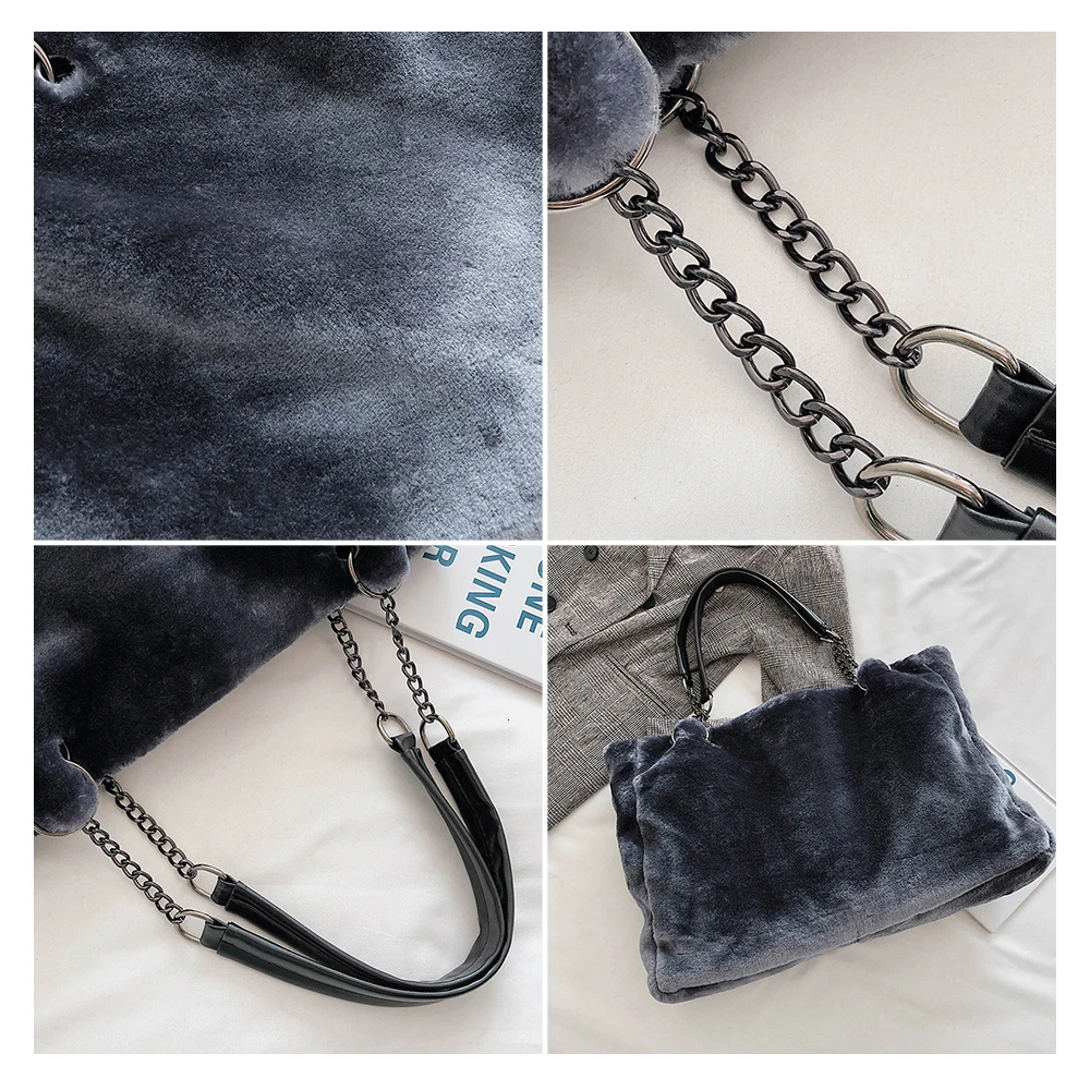 

Faux Fur Women Shoulder Bag Casual Plush Lady Tote Handbag Fashion Chain Larger Capacity Shopping Bag Travel Purse Female Winter