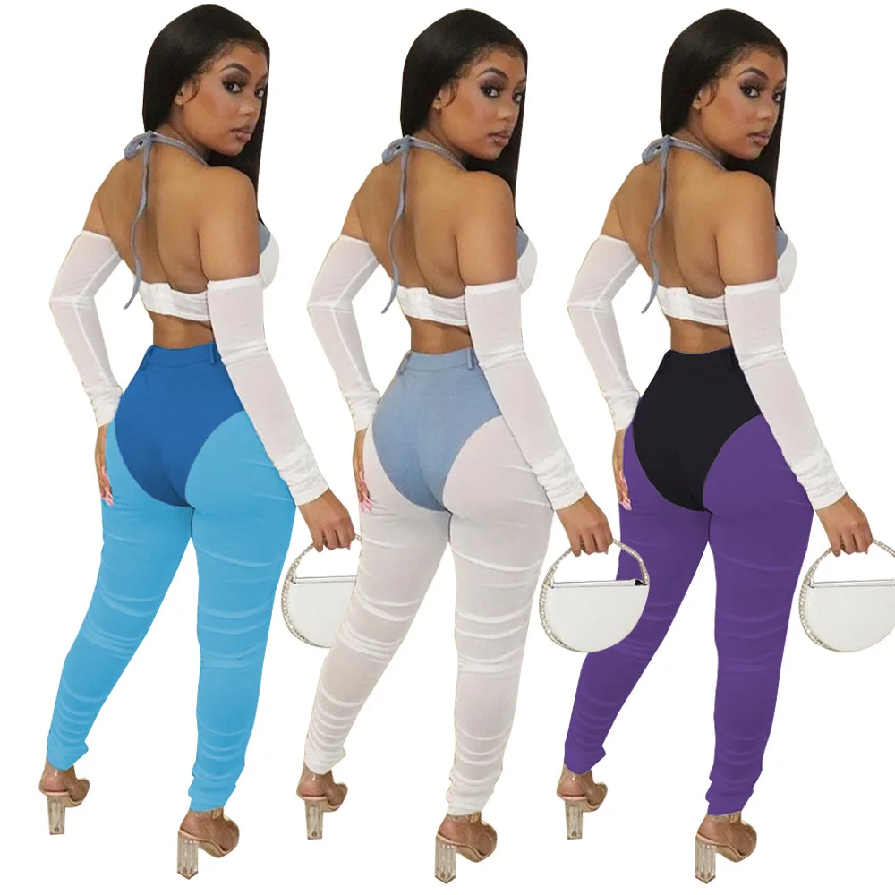 

Caual Women Long Pant Streetwear Color Patchwork High Wiast Skinny Sportwear Summer Clothes For Women Outfit