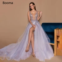 light purple beading prom dresses sexy v neck high slit backless evening dresses illusion tulle a line wedding party dresses