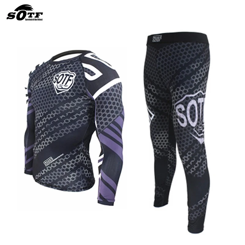 SUOTF Муай Тай ММА Fightwear Боксерский набор компрессионные Джерси Брюки Шестигранная печать Рашгард кикбоксинг плотная длинная футболка брюки