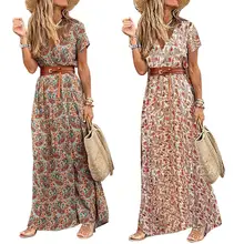 Moda boho vestido longo para mulher com decote em v manga curta paisley impressão cinto grande bainha praia vestido longo elegante vestido feminino 2021 (3)