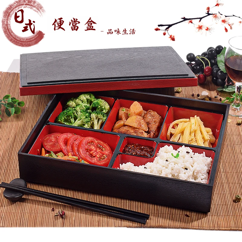 Fiambrera japonesa de alta gama, Paquete de Negocios de grano de madera, bandeja de compartimento engrosado de m&uacute;ltiples rejillas, caja de Sushi, caja de comida de pl&aacute;stico-0