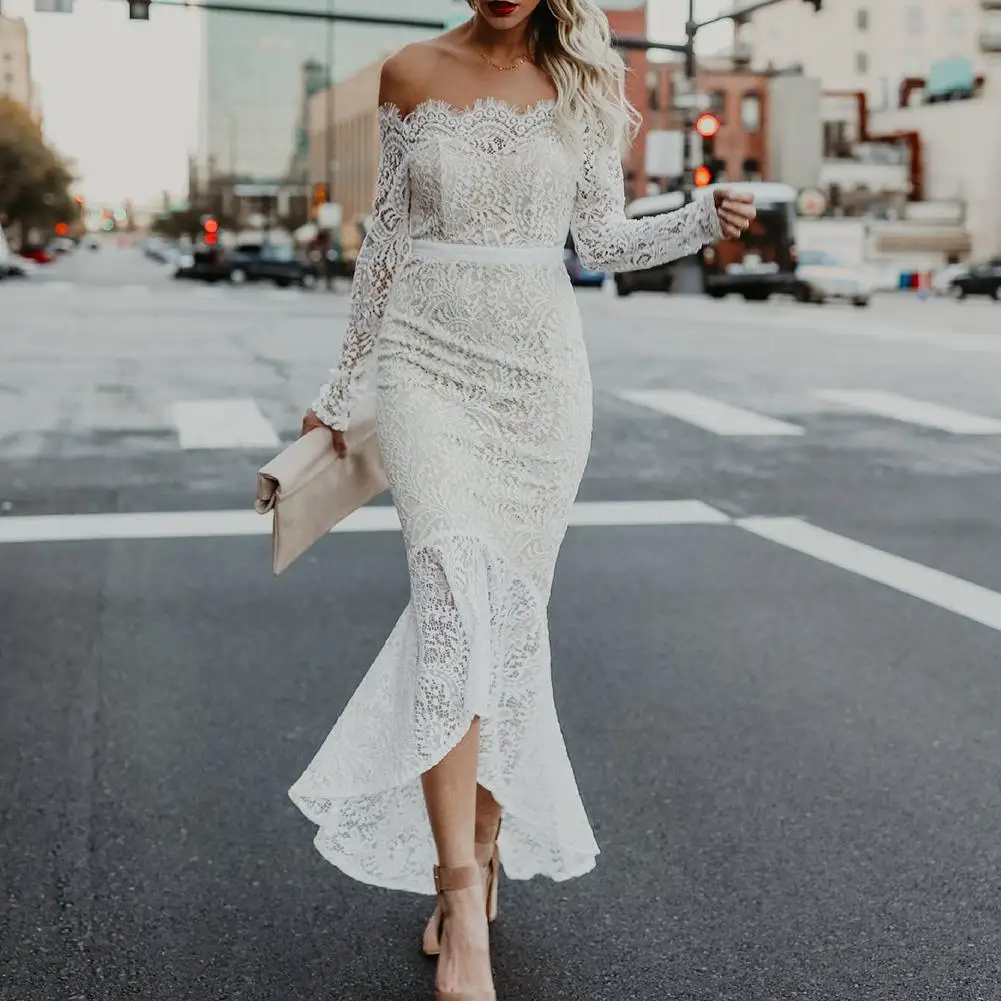 

Sexy Women Long Sleeve Off Shoulder Lace Mermaid Cocktail Wedding Bodycon Dress summer dresses Casual vestidos dress party dress