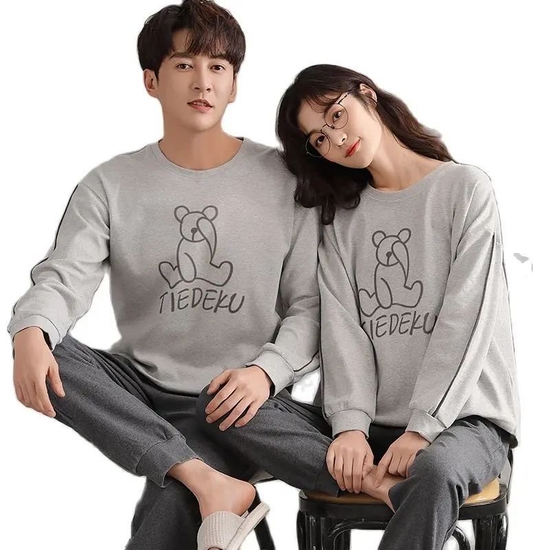 

New Pajamas Mens and Womens Matching Sleepwear Cotton Long Sleeves Pants Pullover Cartoon Printing His and Her Pijamas Nightwear