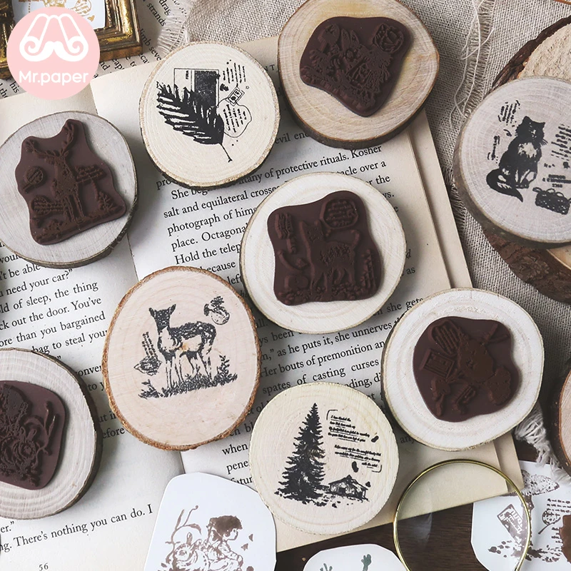 Mr Paper 25 designs Forest Animals Plants Growth Ring Wooden Rubber Stamps for Scrapbooking Decoration DIY Craft | Канцтовары для