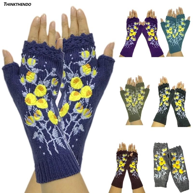

Женские зимние Удлиненные перчатки без пальцев, милые маленькие желтые перчатки с цветочной вышивкой, вязаные крючком, перчатки для письма,...