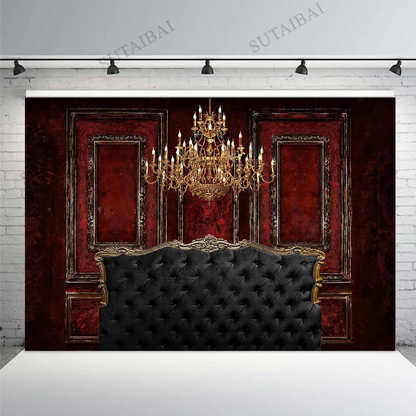 

Classic Interior Photography Backdrops Red Vintage Wall and Chandelier Decoration Background Photobooth Black Headboard Backdrop