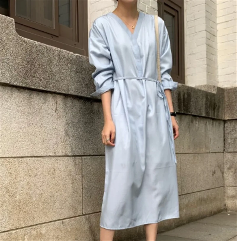 Женское богемное Платье макси с длинным рукавом синее повседневное тонкое