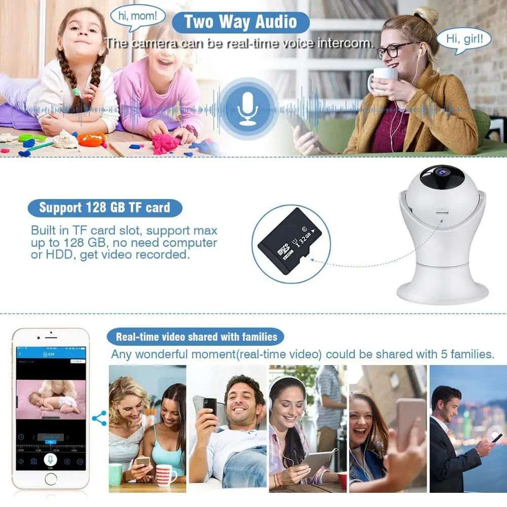 1080P беспроводная домашняя ip камера безопасности 360 ° Wifi Крытая система