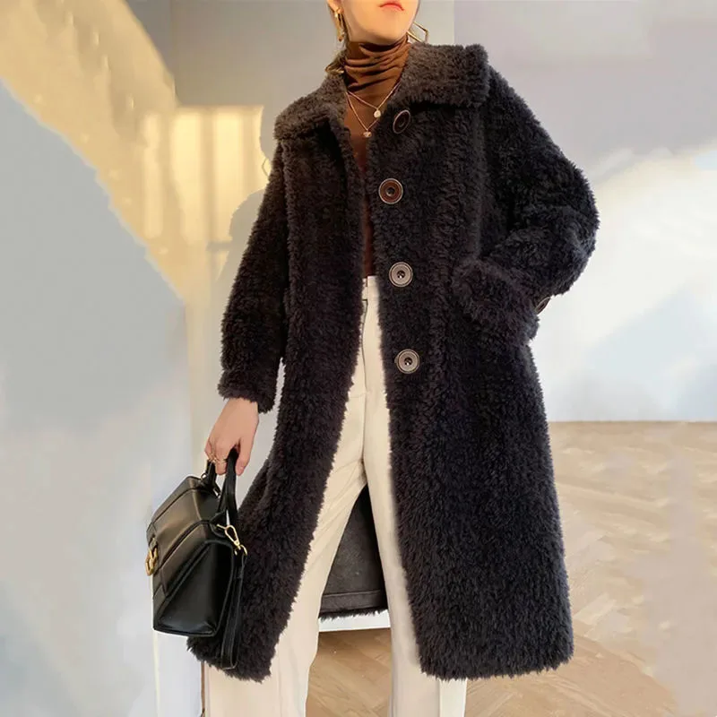 Women 2021 Winter New Fashion Long Granular Sheep Shearing Coats Female Real Lamb Fur Outwear Ladies Solid Casual Jackets A544