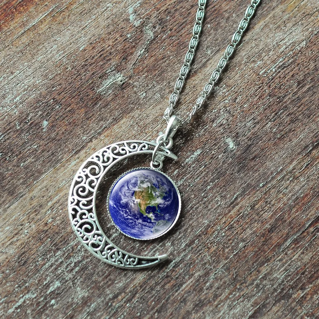 Женское ожерелье с подвеской в виде Луны, ожерелье с изображением Вселенной, планеты, ожерелье из голубого стекла, ожерелье с изображением Галактики, серебряная цепочка, Женские Ювелирные изделия