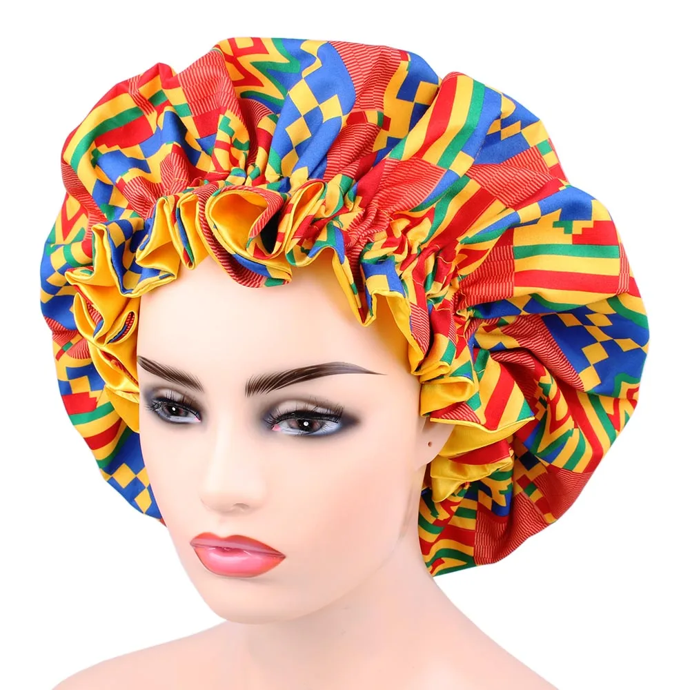 Очень большая шапочка для сна африканская ткань с принтом капот волос атласная