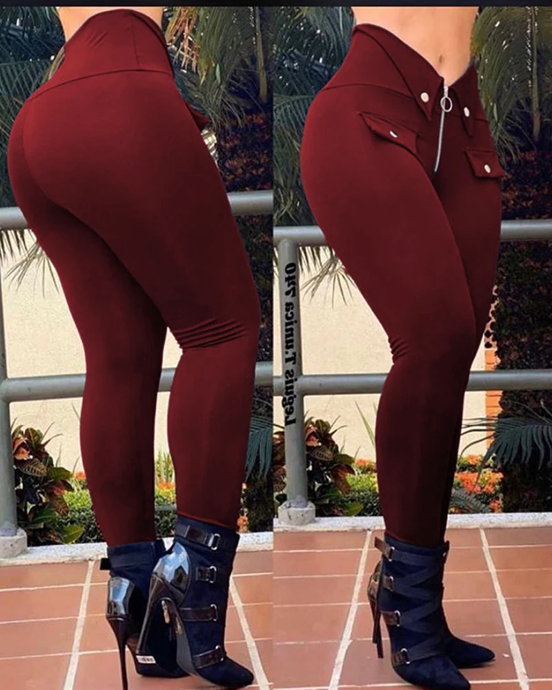 

Women Solid High Waist Zipper Design Buttoned Casual Pants Skinny Pants