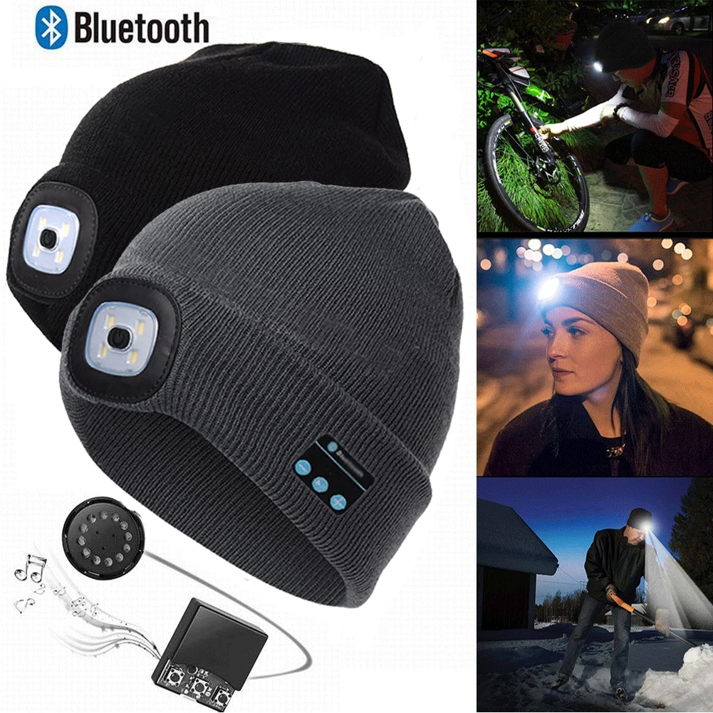 

Вязаная Шапка-бини для мужчин и женщин, повседневная шапка с Bluetooth и светодиодной подсветкой, беспроводная умная шапка, гарнитура, динамик, О...