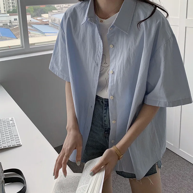 

APXIVI Blouses Women Casual Cotton White Shirt Summer Short Sleeved 2021 New Korean Style Loose Soild Colour Female Elegant Tops