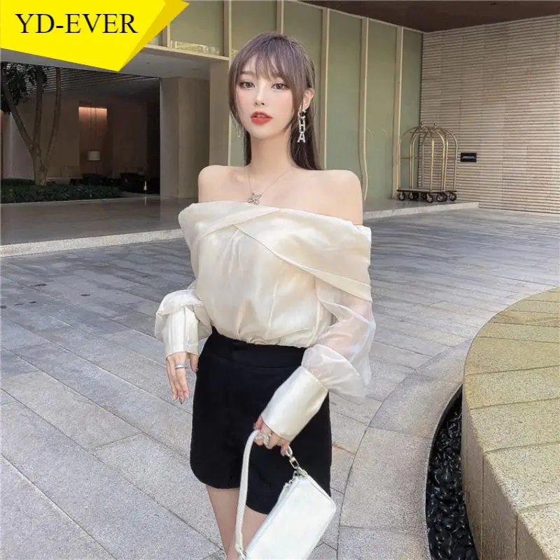  Slash Neck Long Sleeve Shirt Women Elegant Off Shoulder Korean Chic Blouse See Through All-match Tops Blusas Mujer | Женская одежда