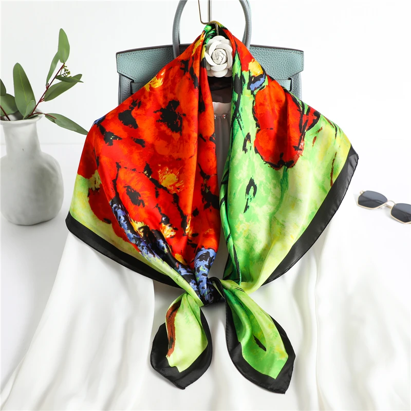 

Атласная шелковая квадратная Женская бандана 90*90 см с принтом, новинка 2022, модные шали с цветочным принтом, повязка на голову, шейный платок