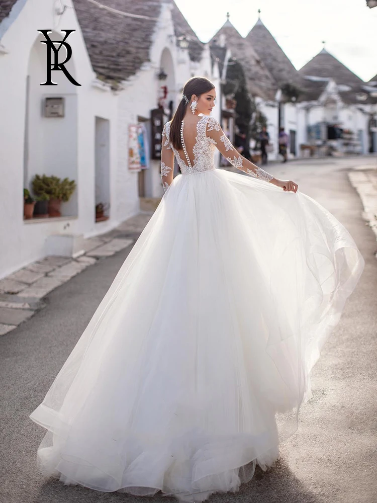 

YILIBER Lace wedding dress v-neck beautiful atmosphere wedding gown 3d flower hand drill belt decoration buttons big skirt