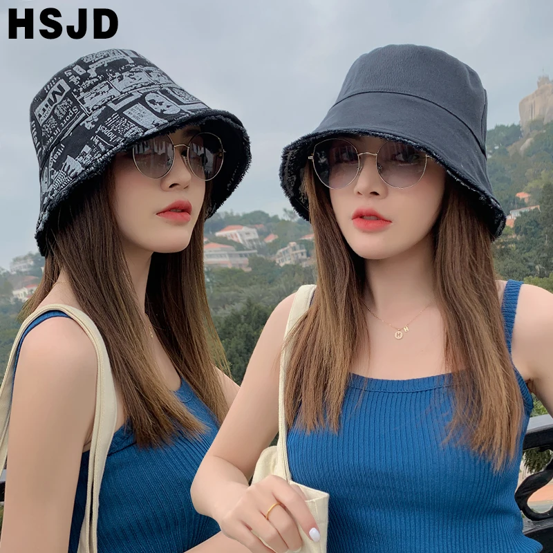 Summer Women Double Sided Sun Hats Retro Newspaper Print Bucket Hat Fold Burrs Wide Brim Floppy Panama Fisherman Caps Hip Hop