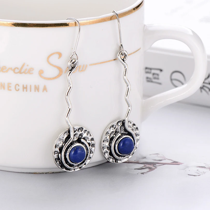 В этническом стиле Он украшен круглыми синими капли масла Длинные Висячие серьги