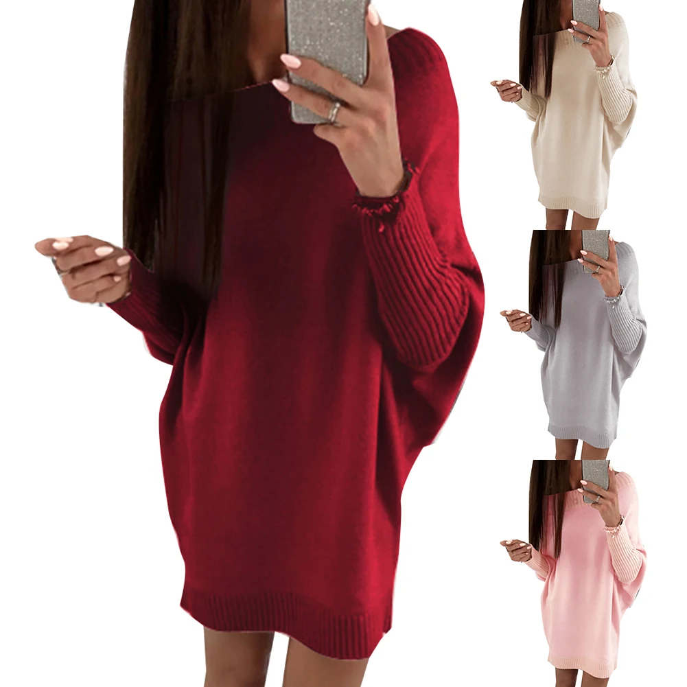 Women Autumn Winter Long Sleeve Boat Neck Plus Size Loose Sweater Mini Dress | Женская одежда