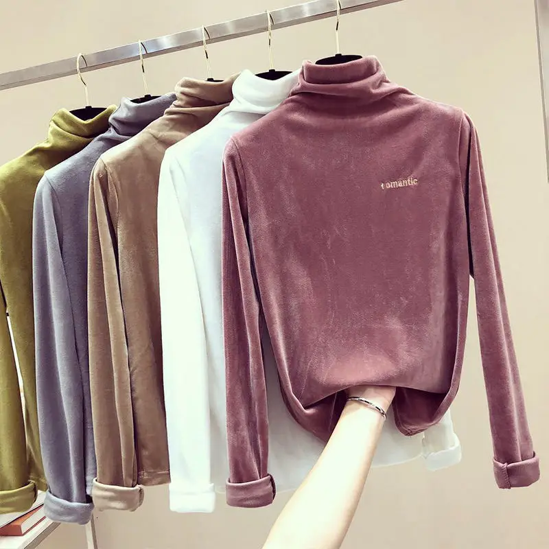 Золотой бархатный топ женский Высокий воротник осень и зима 2019 свободный свитер