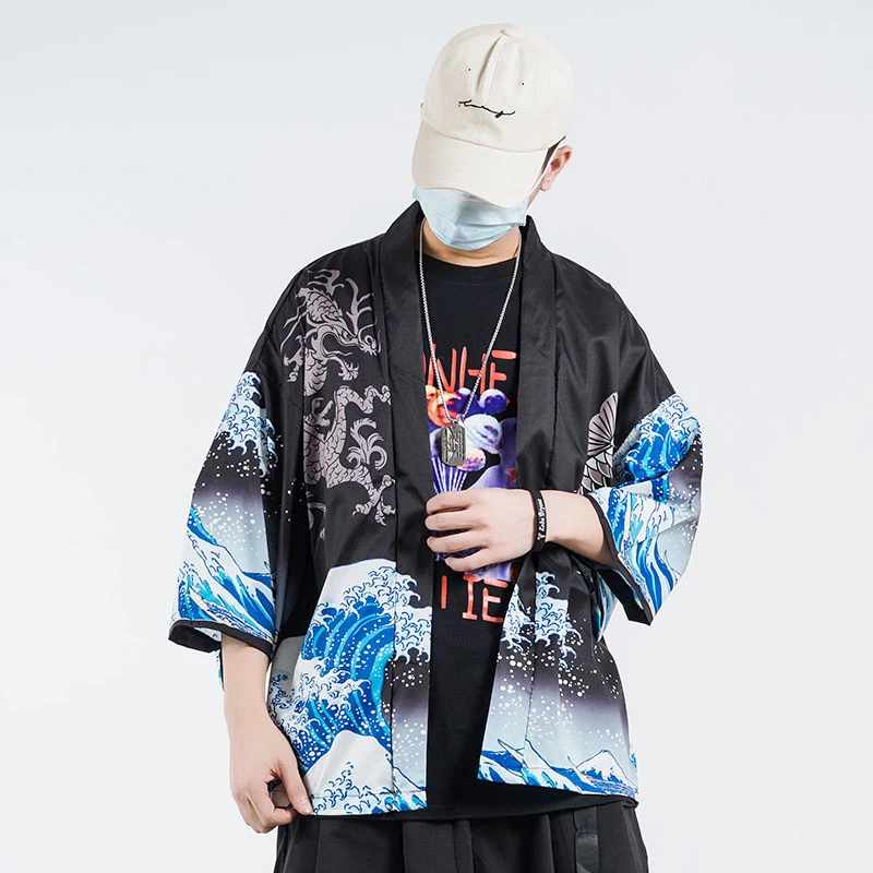 

2021 Men Harajuku Kimono Jacket Japanese Kanagawa Great Wave Hip Hop Streetwear Coat Dragon Koi Fish Thin Gown Japan Style Tops