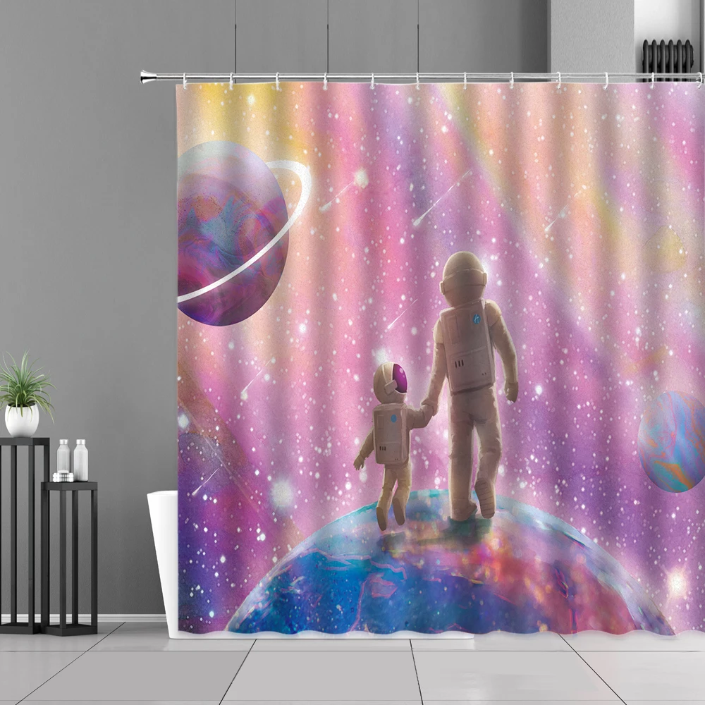 

Cartoon Space Whale Shower Curtains Colour Dream Star Oil Painting Landscape Bath Curtain Waterproof Children Room Decoer Cloth