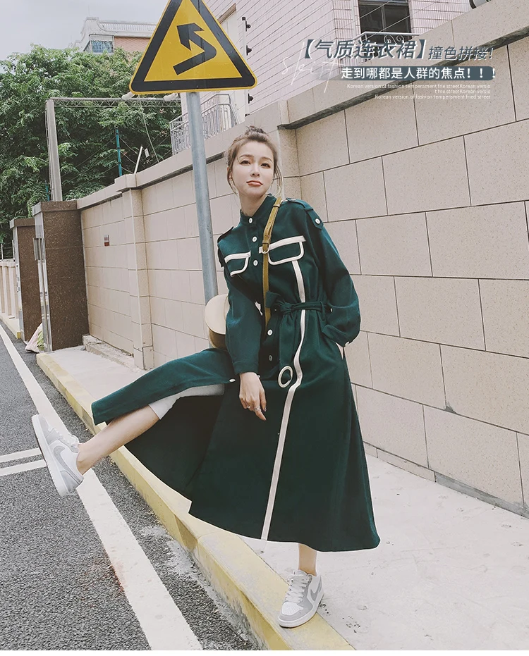 

Women Dress Long Sleeve Stand Collar Fashion Splice Slim Casual Shirt Dresses Office Lady Elegant Korean Bandage Long Dress