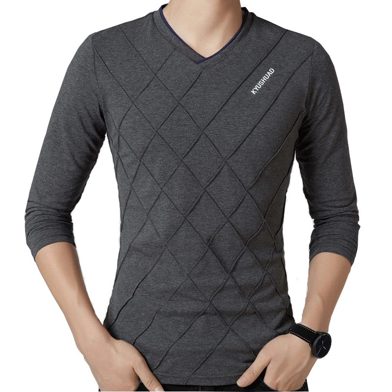 

Мужская хлопковая футболка с длинным рукавом, V-образным вырезом